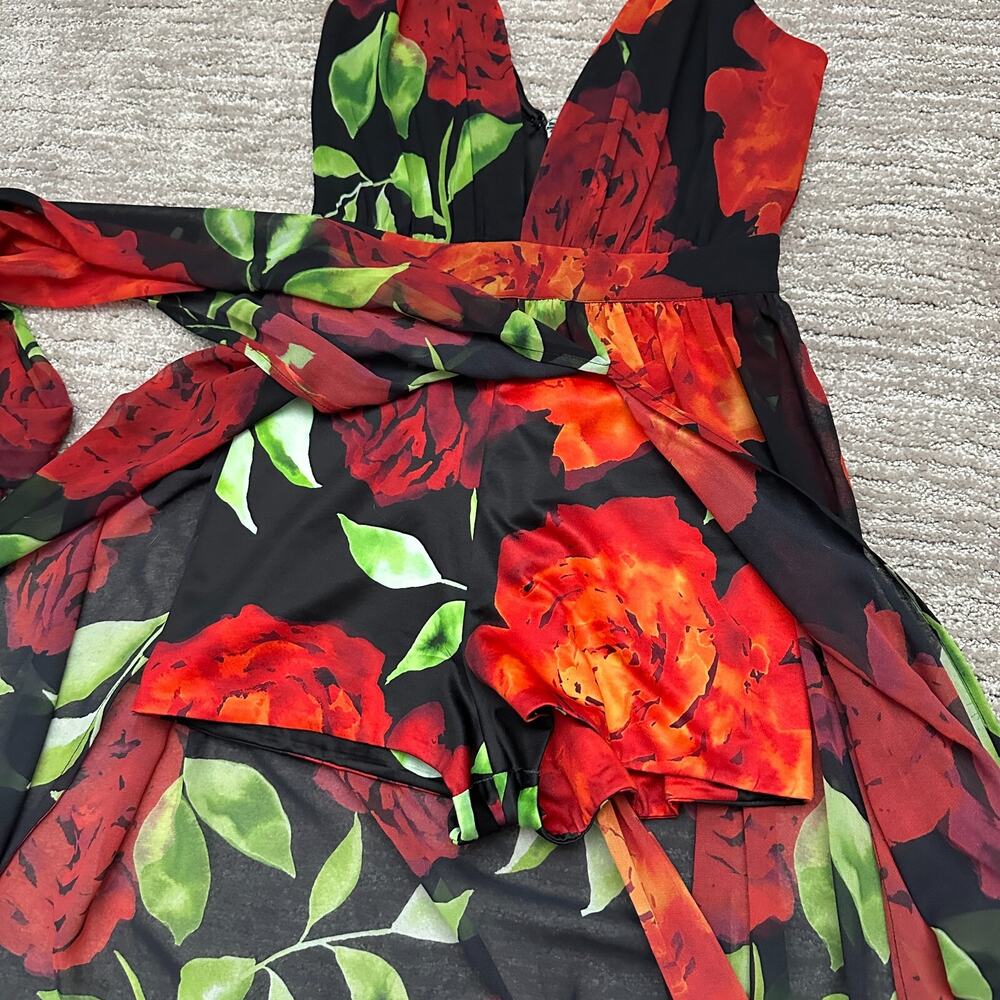 Bebe Romper Maxi Dress Womens 0 Red Black Floral Deep V Neck Slits - Picture 3 of 15